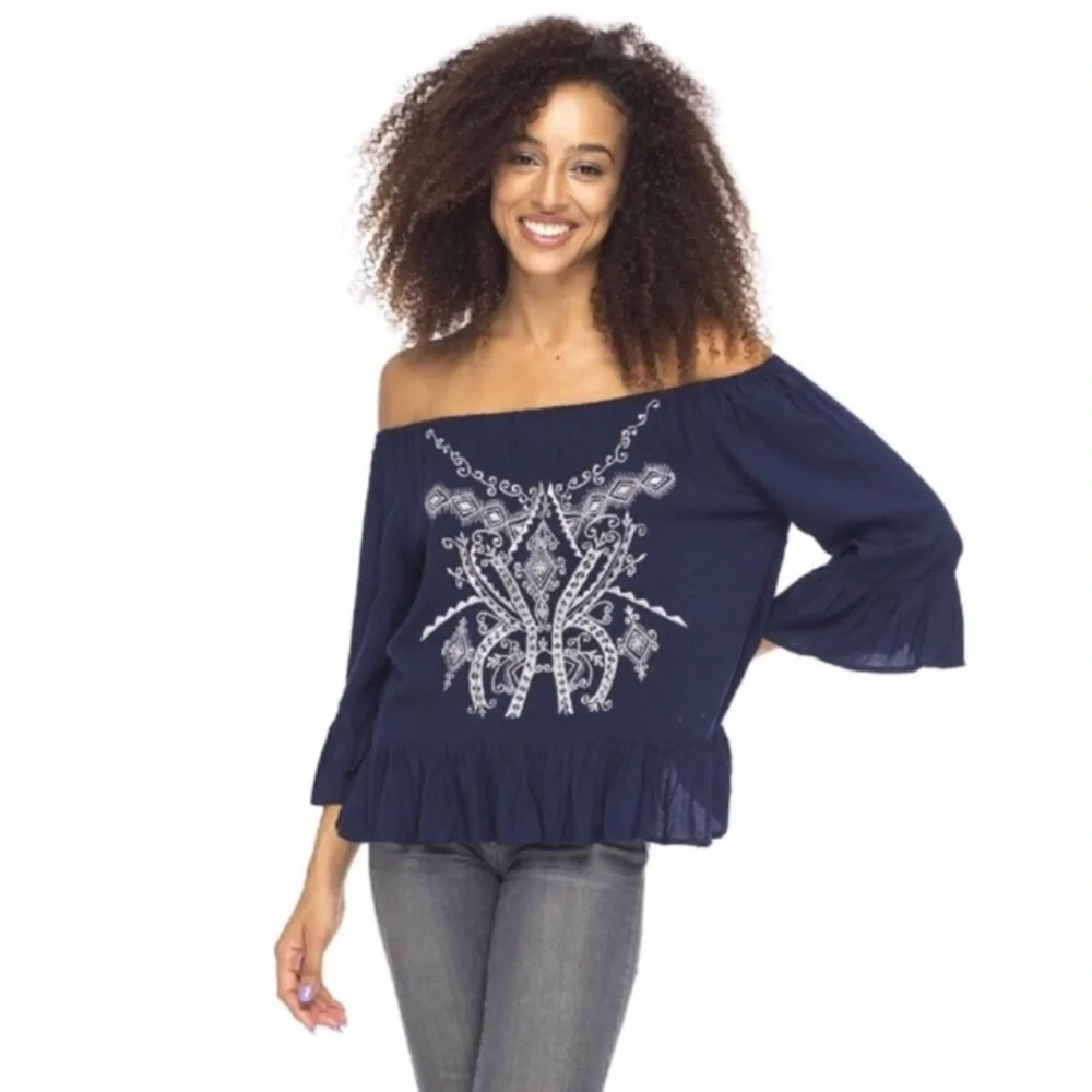 💥 CLEARANCE Embroidered Ruffled Hem and Cuffs Off Shoulder Top - Picture 4 of 7